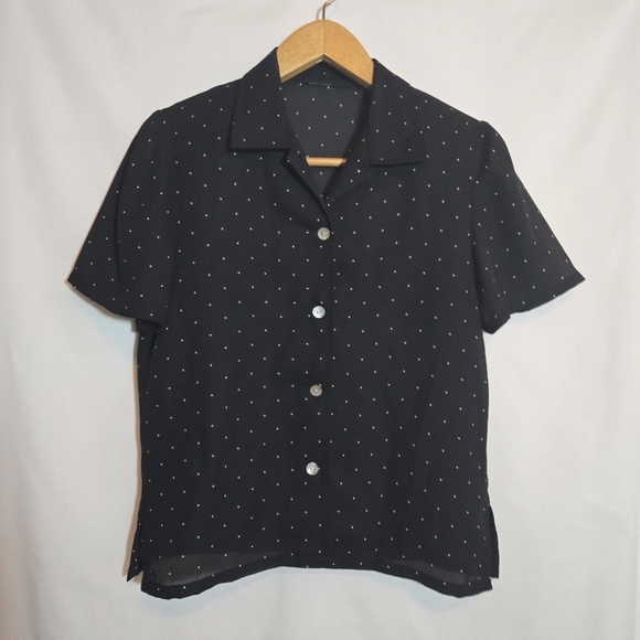 Vintage Micro Polka Dot Black White Collared Button Down Short Sleeve Small - Picture 5 of 5